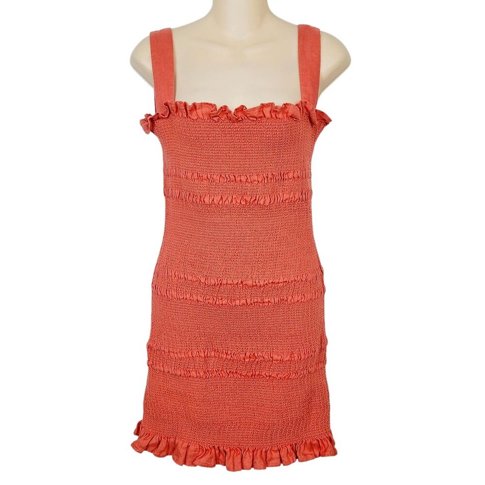 Revolve Capulet Linen Mini‎ Dress L Orange Smocked Resort Vacation - Picture 2 of 11